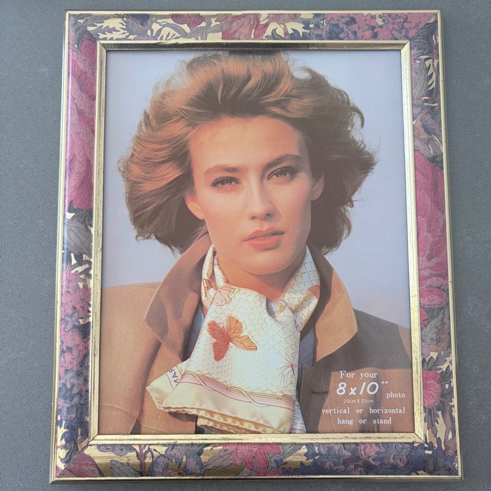 Vintage Floral 8x10 Picture Frame Pink Purple Gold Trim Tabletop Wall Decor